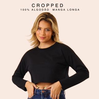 Blusa Cropped Manga Longa Oversized Feminina Tshirt Estilosa Camiseta Inverno Casual Alba Algodão em Oferta na Shopee