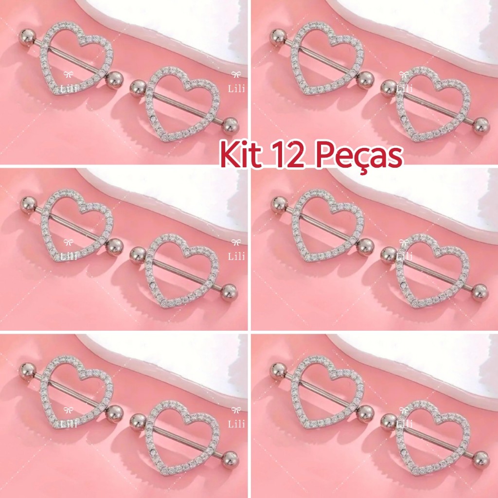 Kit 12 uni Piercing Mamilo Modelos Coração Cravejado com strass em Oferta na Shopee