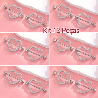 Kit 12 uni Piercing Mamilo Modelos Coração Cravejado com strass em Oferta na Shopee