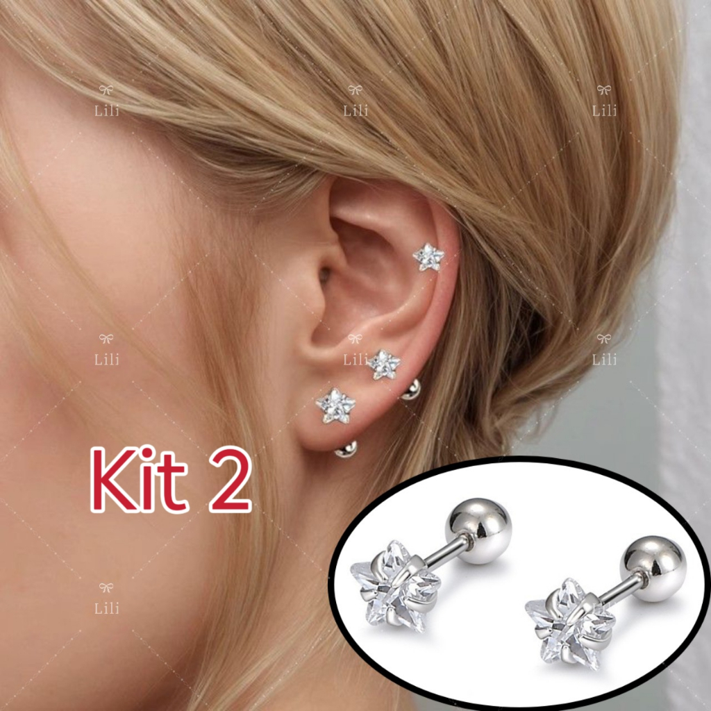 Kit 2 Piercing Estrela Ponto De Luz COm Pedra Zircônia Em Aço Cirúrgico Para Tragus helix Cartilagem