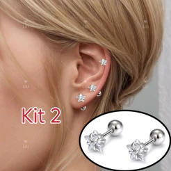 Kit 2 Piercing Estrela Ponto De Luz COm Pedra Zircônia Em Aço Cirúrgico Para Tragus helix Cartilagem