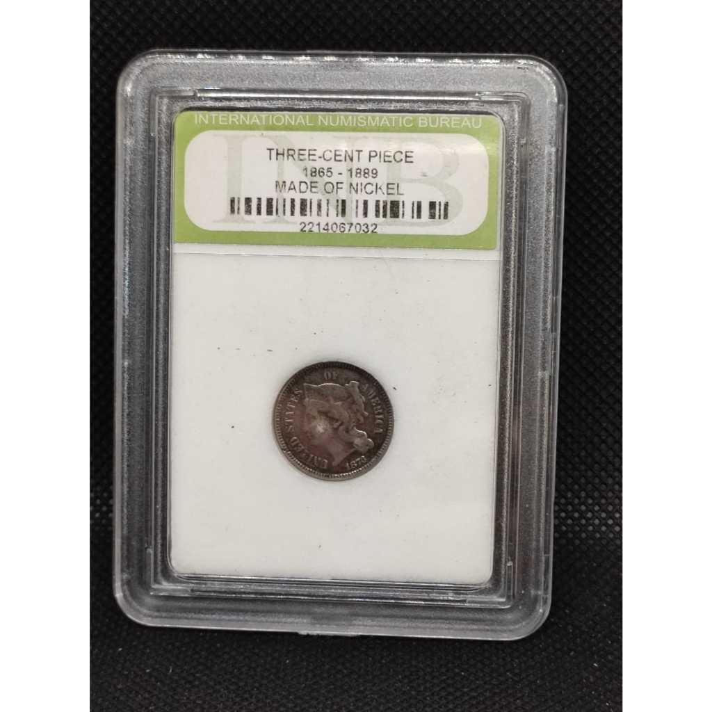 Moeda USA certificada de 3 centavos de Dollar ano 1873 valor em algarismos Romanos. Usada para compra selo na época
