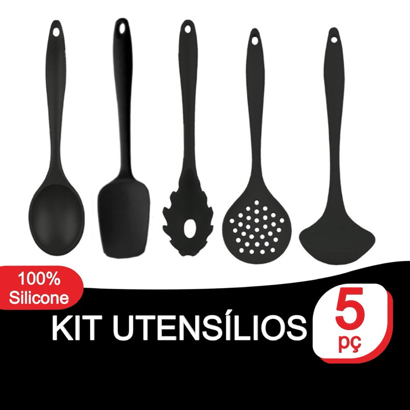 Kit Utensílios Silicone Para Cozinha 5 Peças Vermelho ou Preto Promoção