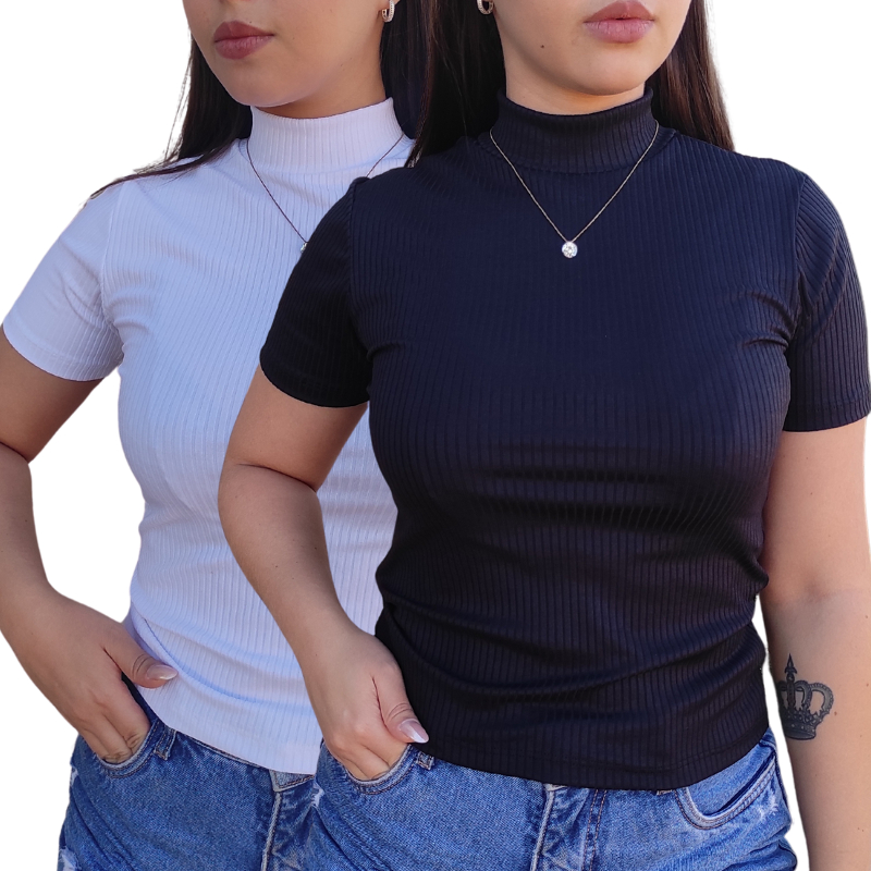 Blusa Canelada Feminina Gola Alta Manga Curta em Oferta na Shopee