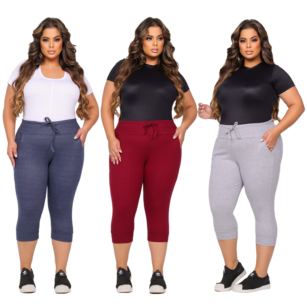 Kit 3 Calças Corsário Feminina Plus Size Cintura Alta | Algodão com Elastano | Carolina Moda em Oferta na Shopee