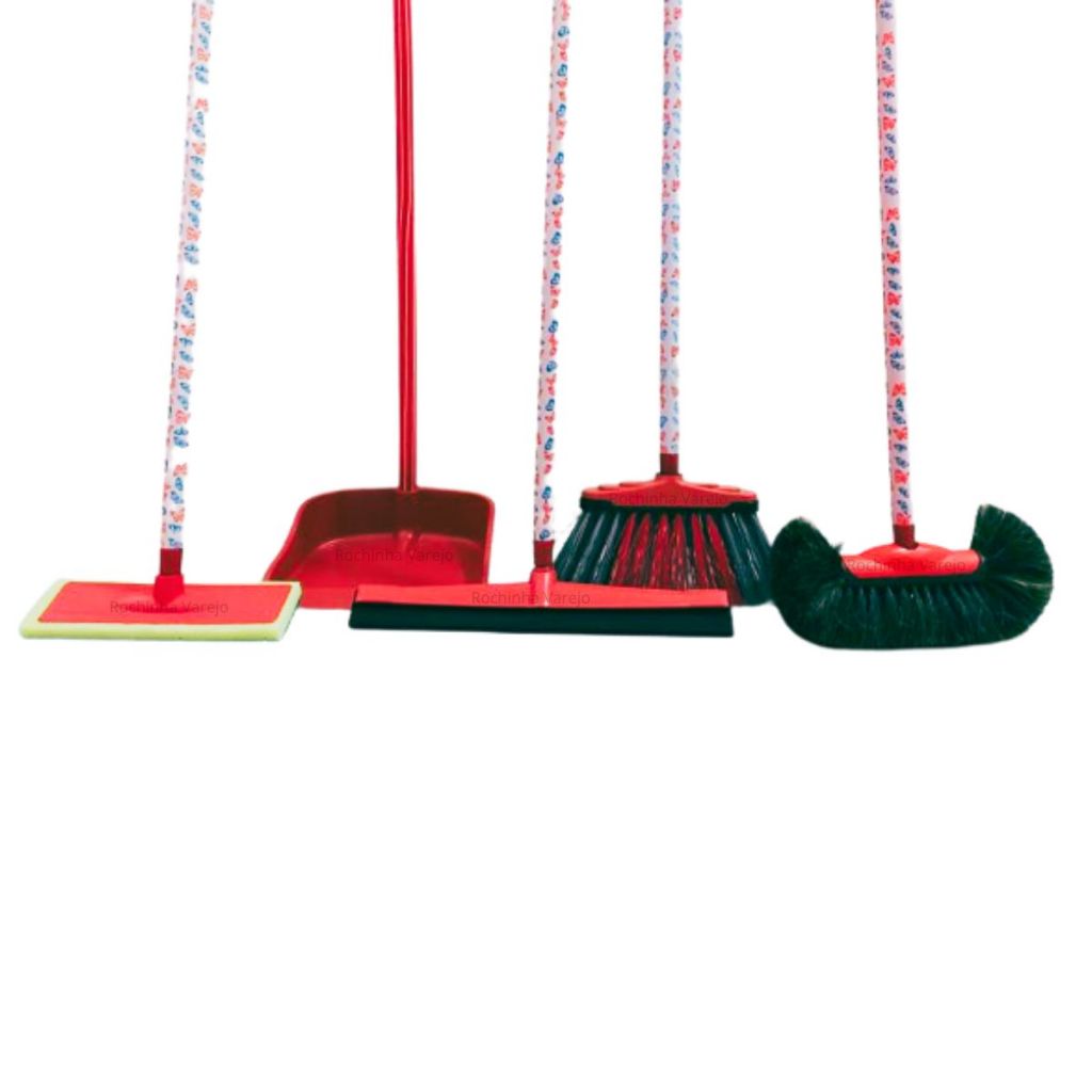 Kit Vassoura Pelo Bola Original de Crina, Vassoura, Rodo de Borracha 40cm Lava Azulejo Esfregão e Pá de Lixo COM CABOS
