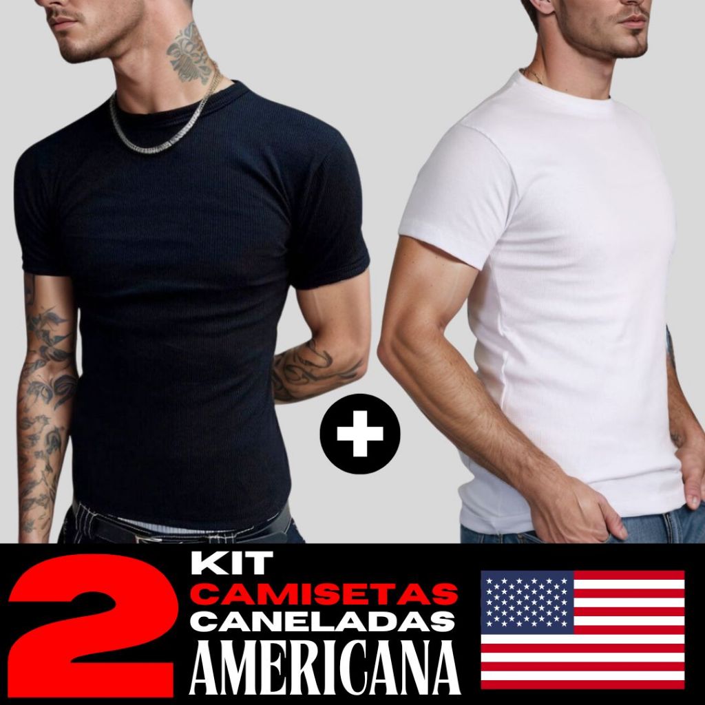 Camiseta Canelada Kit 2 Masculina Modelo Americano Canelada Básica