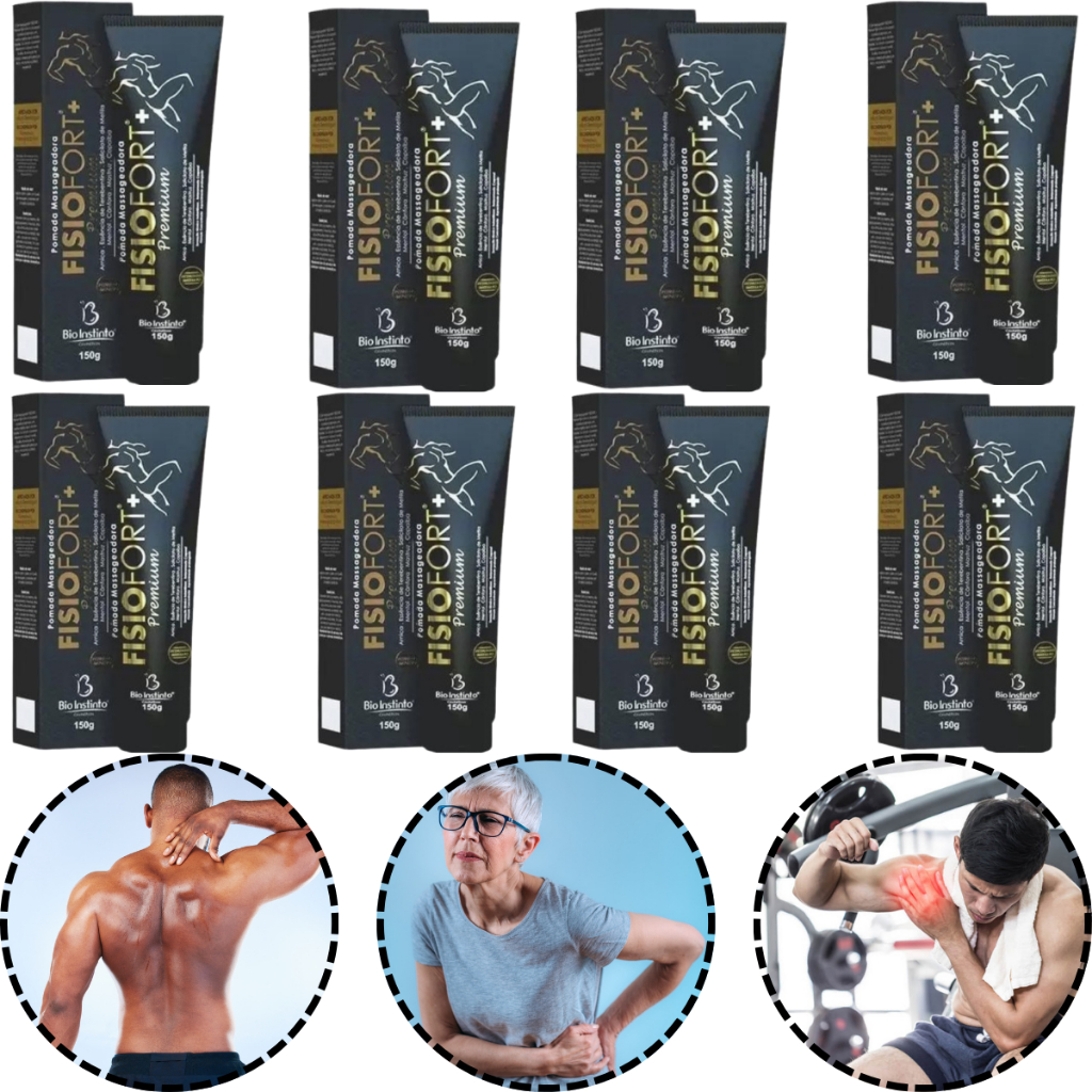 8 Pomadas Fisiofort+ Preta Premium Original 150g Alivio Corporal Imediato