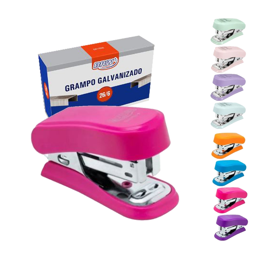 Kit Mini Grampeador até 20 folhas + 1.000 Grampos 26/6 BRW 8 opções de cores Escolar Escritório