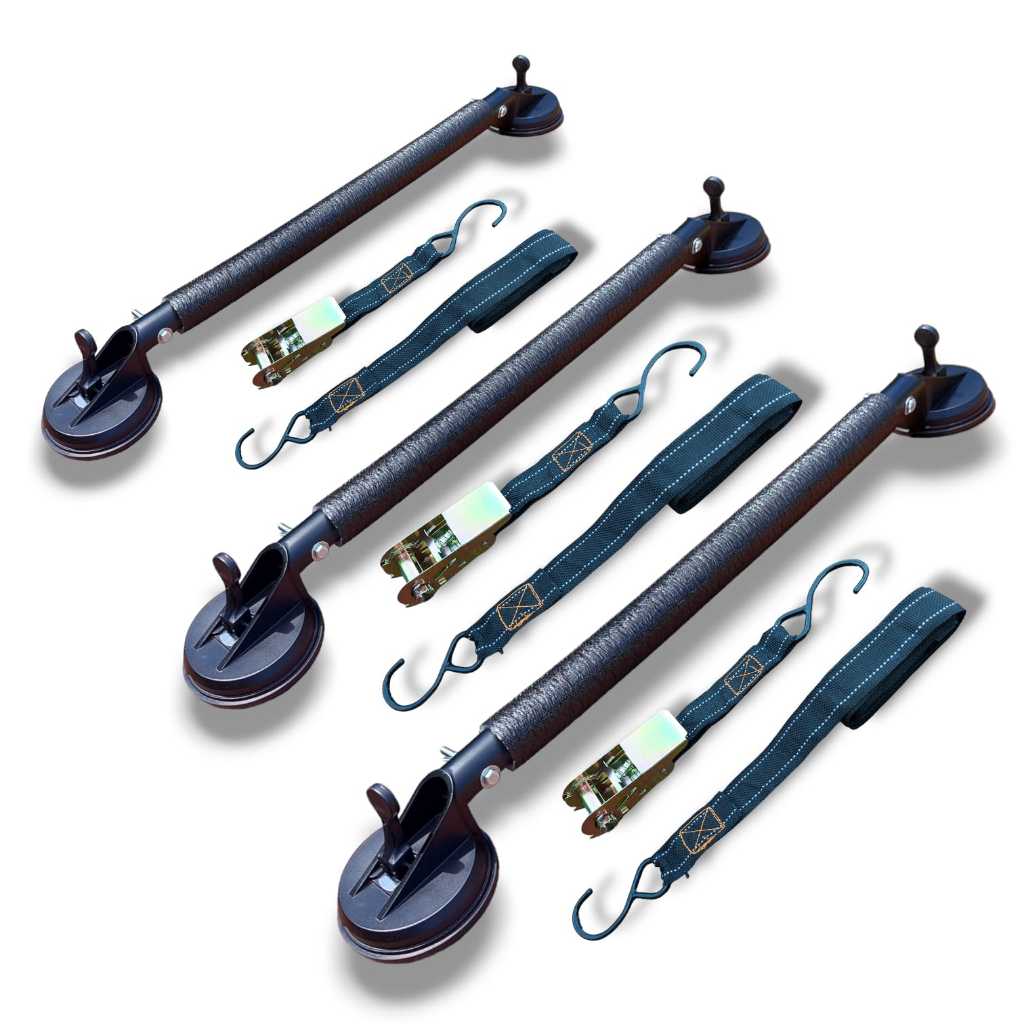kit 3 travessas racks bagageiro preto transporte escada caiaque + 3 cintas de catraca segurança viagem surf universal