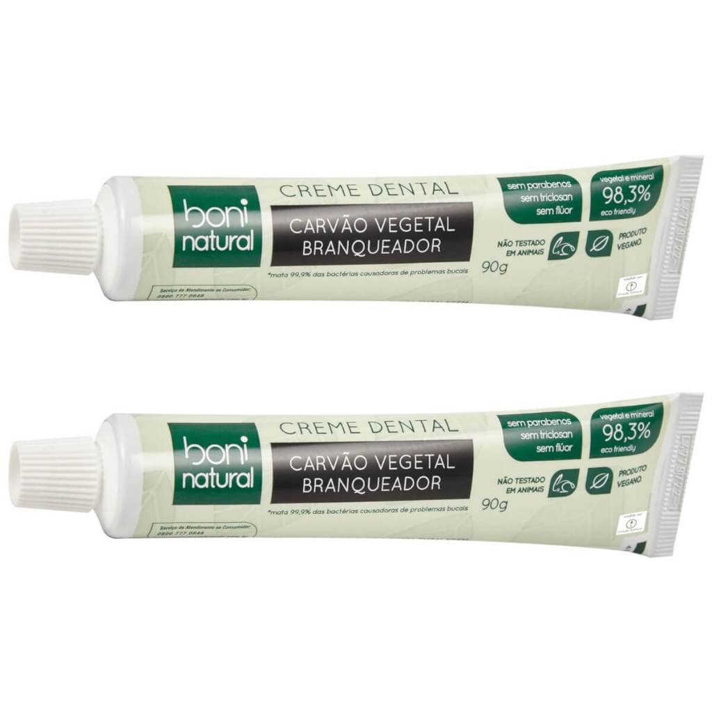 kit 2 Pasta Dente Natural Vegana Boni Menta Carvao Vegetal