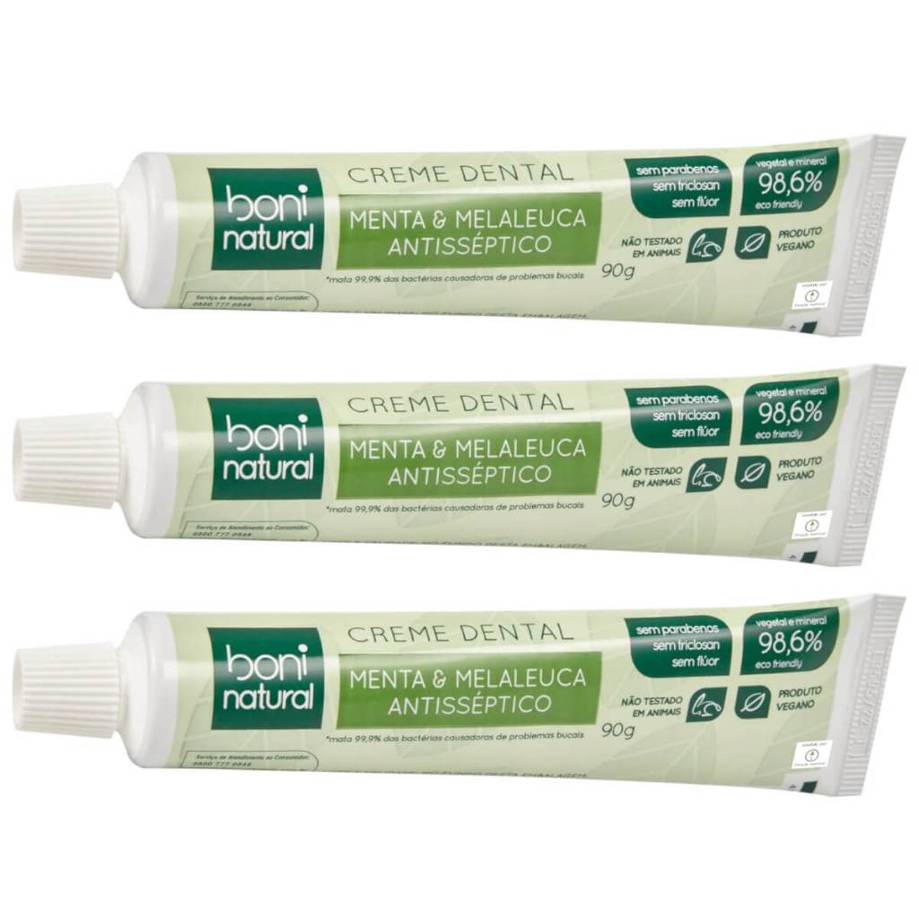 Kit 3 Pasta de Dente Natural Vegana Boni Menta e Melaleuca