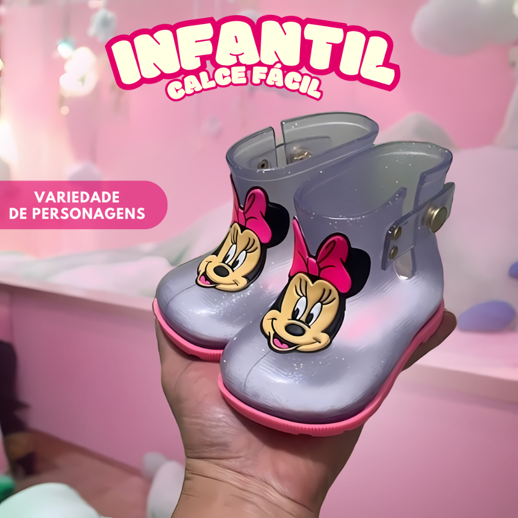 Bota Galocha Feminina Infantil Minie Botinha Menina Leve Macia e Confortável Impermeável Bebê
