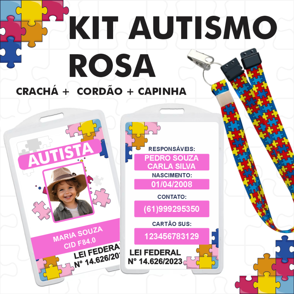 Crachá Autismo Rosa + Cordão Quebra Cabeça autista alta qualidade + capinha protetora transparente porta cracha em Oferta na Shopee