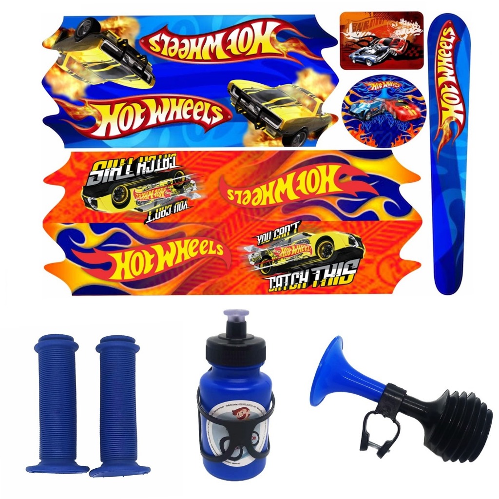 Kit Bike Infantil Buzina Manopla Garrafa Adesivo Hot Wheels Carros Velozes Aro 16