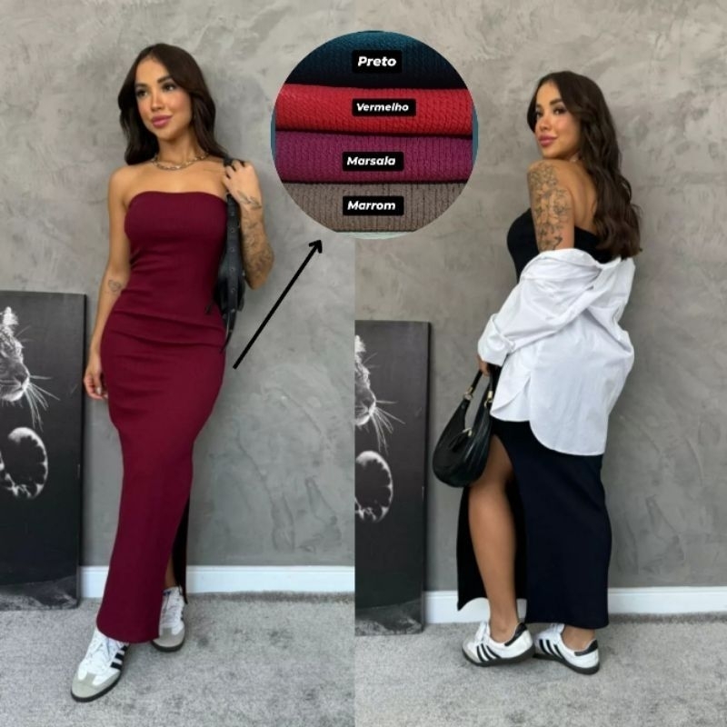 Vestido feminino tubinho longo elegante tomara que caia com fendas nas laterais em Oferta na Shopee