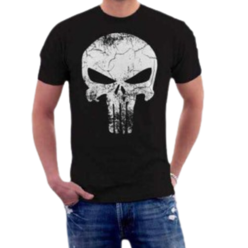 Camiseta Masculina Manga Curta de Algodão Estampada Caveira The Punisher O Justiceiro Preto