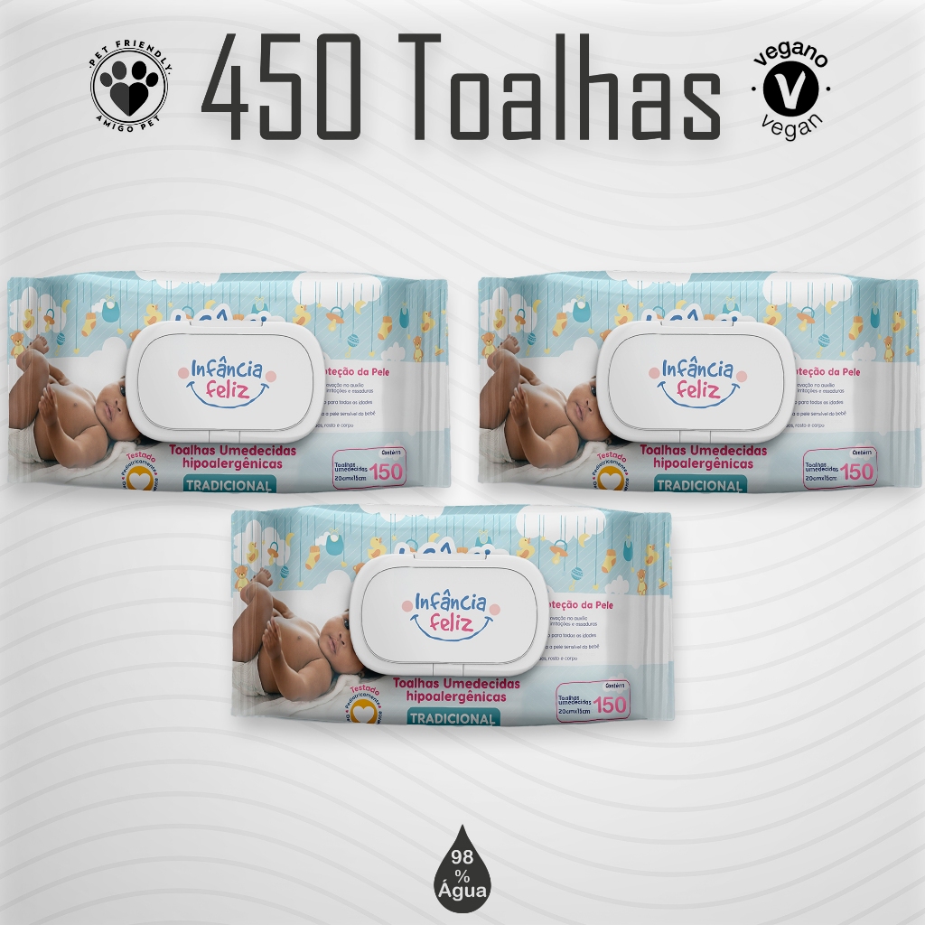 Kit com 03 Pacotes de Toalhas Umedecidas Infância Feliz - 150 Folhas - Vegano - Com Tampa
