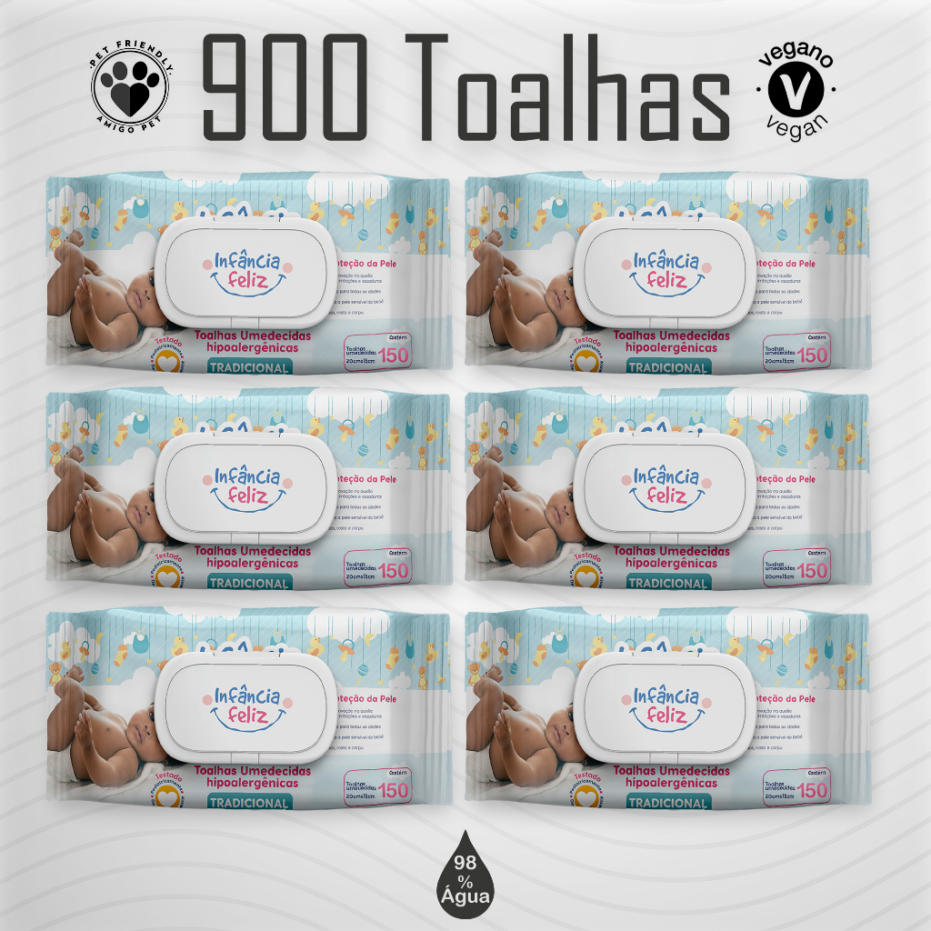 Kit com 06 Pacotes Toalhas Umedecidas INFÂNCIA FELIZ Vegana 150 folhas - Produto 100% Vega...