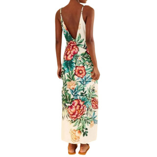 Usado: Vestido Longo Farm Flor De Cor Tamanho M, Decote Em V, Fenda Lateral, Feito Em Viscose Creponada, Fundo Off-white