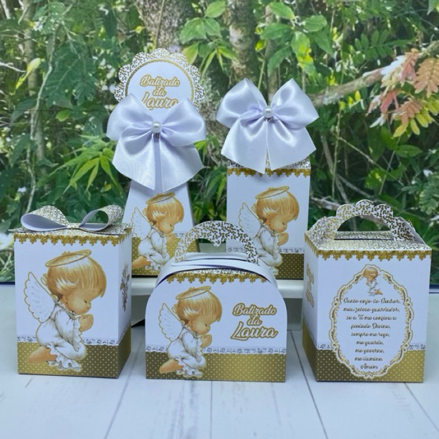 Caixinhas personalizados  lembrancinhas Batizado Kit festa  Batizado branco e dourado