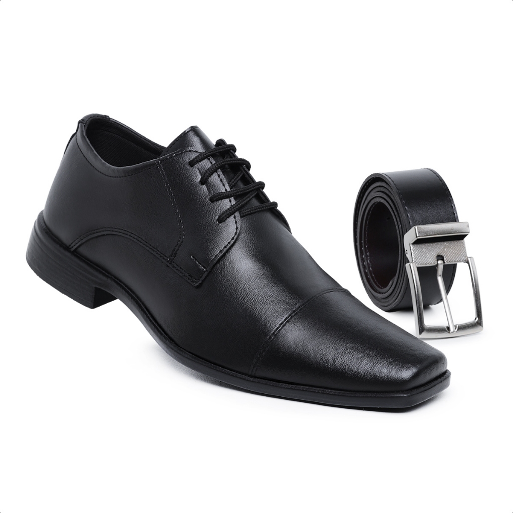 Kit Sapato Masculino Social de Amarrar Elegante e Confortável com Cinto Dupla Face Exclusivo