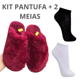 Kit Pantufa + 2 meias - Pantufa de Pelúcia confortável, Chinelo Adulto com solado antiderrapante, Unissex com espuma interna, Pelúcia quentinha e confortável.