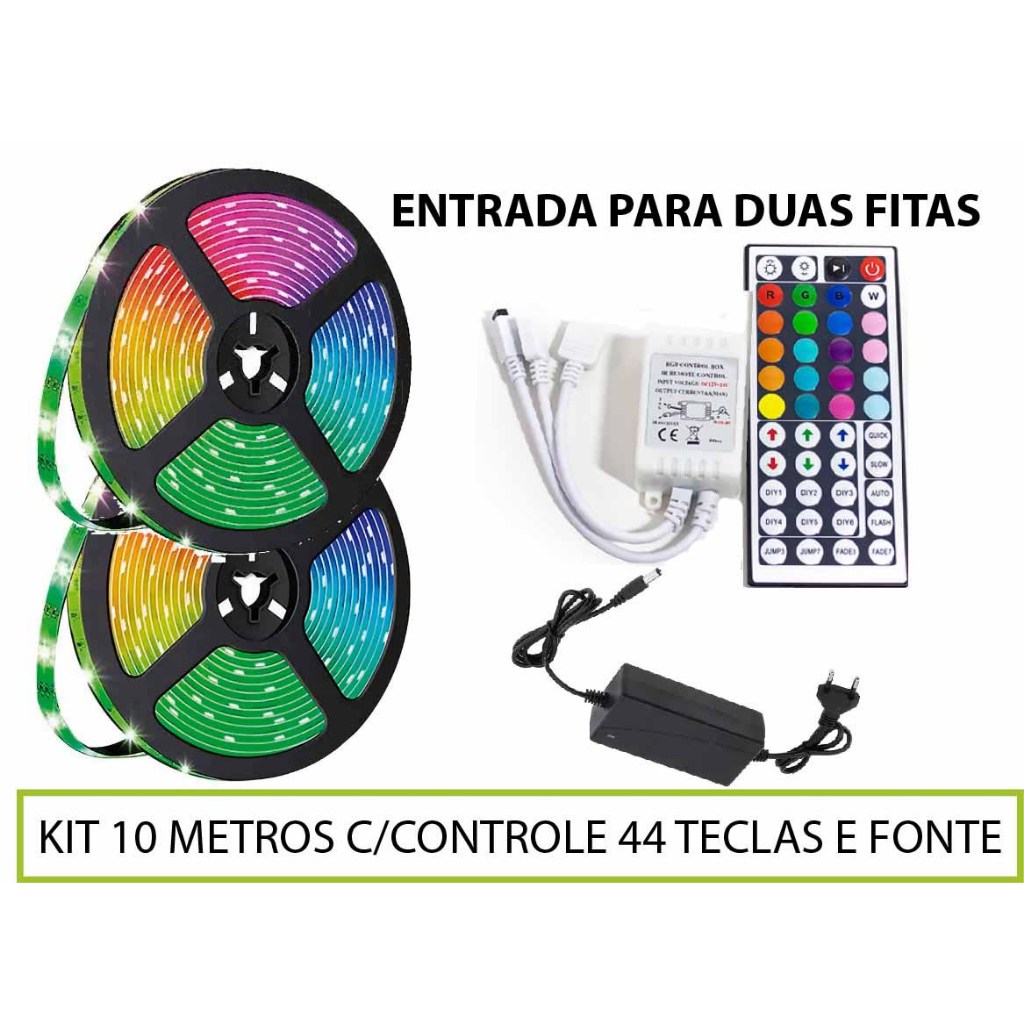 KIT 5 e 10 metros de Fita Led 5050 DUAL 24 44 Teclas + Fonte +Controle Rgb Decoração Quarto SANCA TV