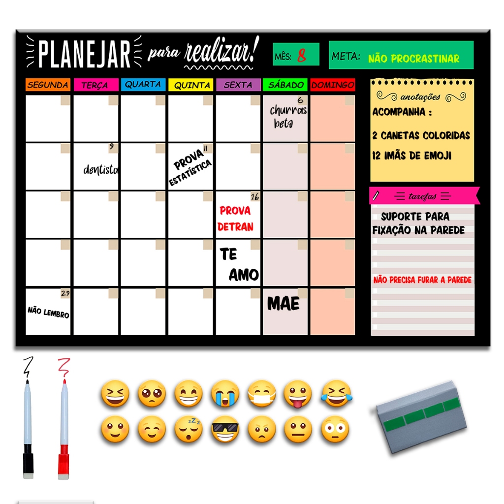 Quadro Planejamento Lousa Planner Agenda 40x60 cm + 12 Imãs e 2 Canetas