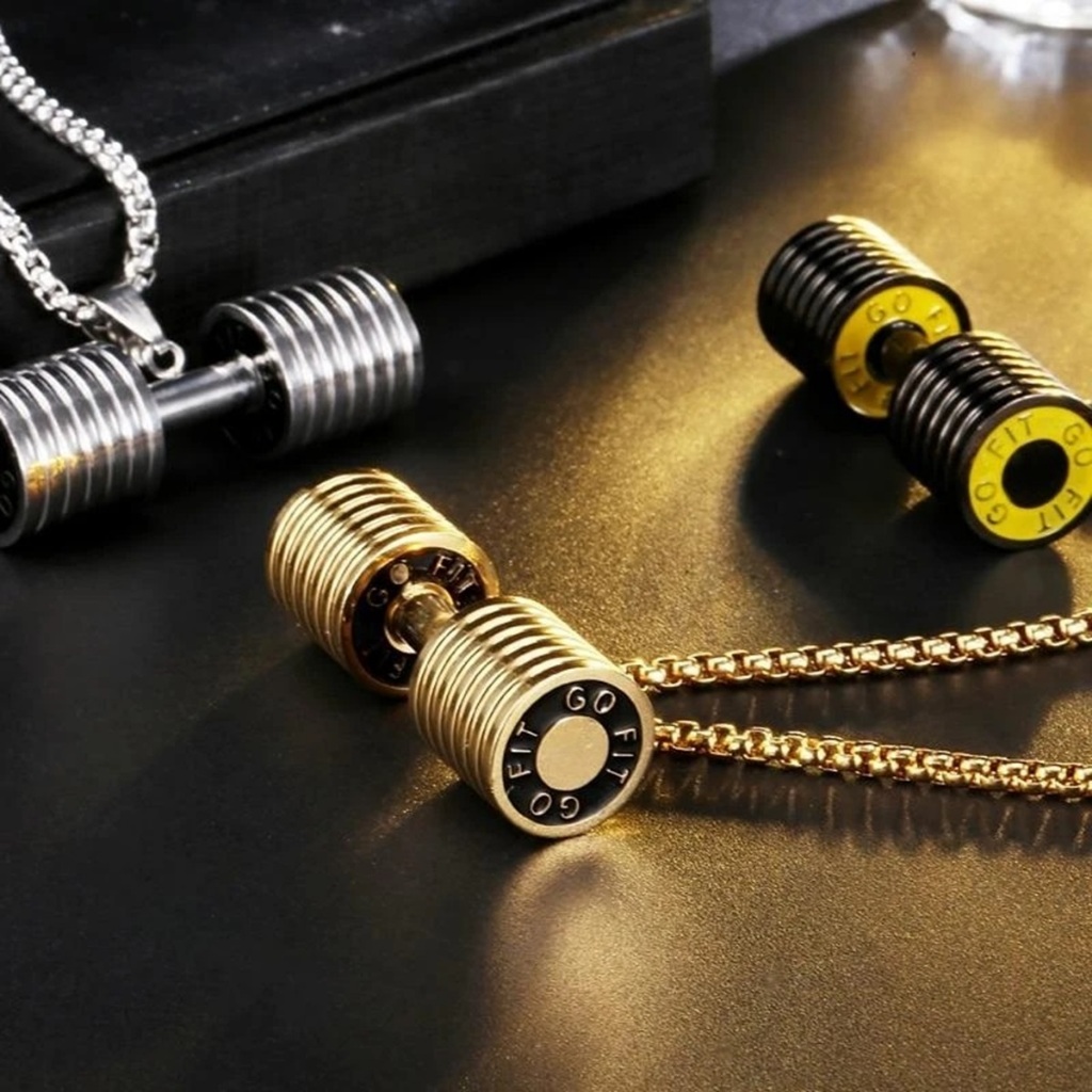 Colar Fitness Haltere em Aço Inoxidável - Cordão maromba Academia Musculação
