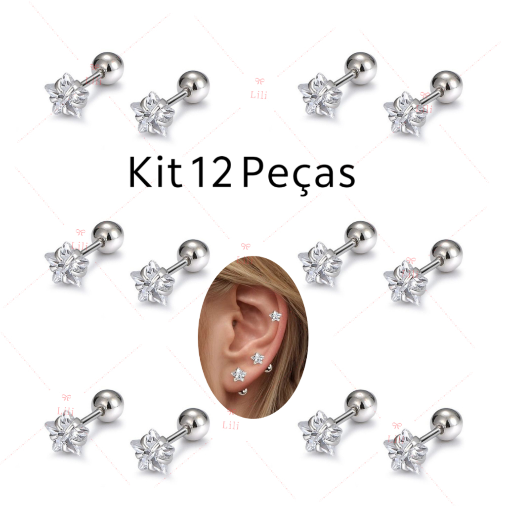 Kit 12 Piercing Estrela ponto de luz com pedra Zircônia em aço inox para Tragus helix Cartilagem em Oferta na Shopee