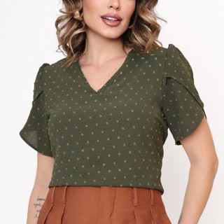 Blusa Femininas  ponto suíço manga pétala Manga com Babado Simples, Elegante de Decote V