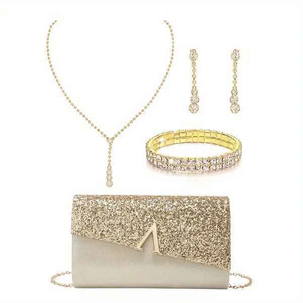 Conjunto De Bolsa De Festa Noite De Luxo Com Brilho Strass DOURADO Brincos, Colar E Pulseira Para Casamento