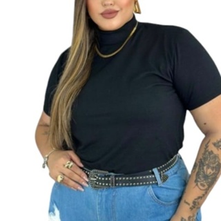 Blusa Feminina T-shirt Gola Alta Básica Lisa Plus Size  Algodão  BLusa Social em Oferta na Shopee