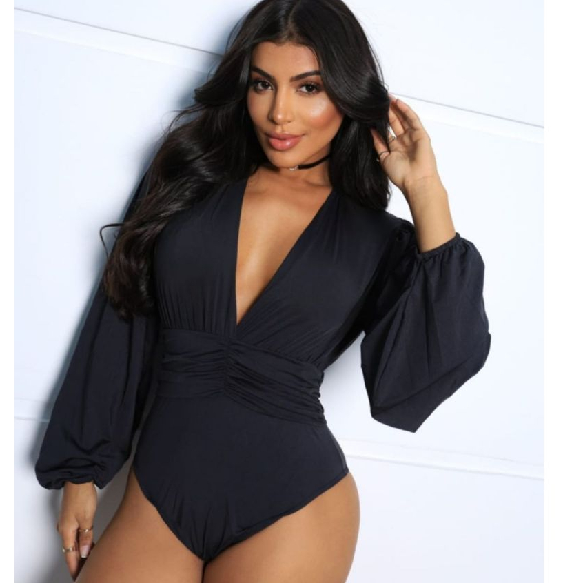 FR Modas Body Manga Longa Bufante Collant Trançado Decote V