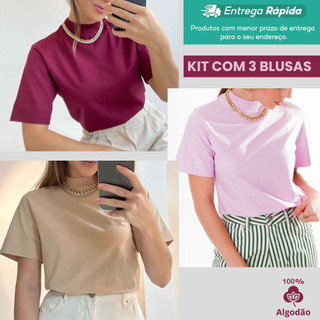UNIDADE OU KIT COM 3 BLUSA CAMISETA T-SHIRT GOLA ALTA FEMININA MENEGOTTI 100% ALGODÃO BLUSINHA