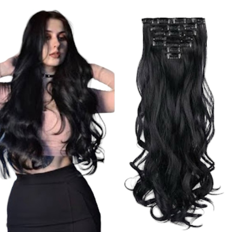 Aplique Tic Tac Cabelo Idêntico Humano Fibra Orgânico 75cm 150g Preto Ondulado Iluminado Mega Hair Extensão Alongamento
