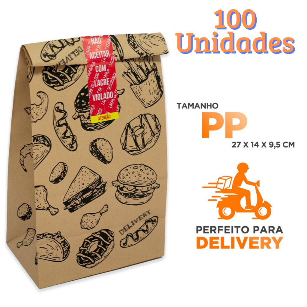 100 Sacos Delivery De Papel Kraft Tamanho pp Estampado Comida Lanche Entregas Medida 14x9.5x27cm