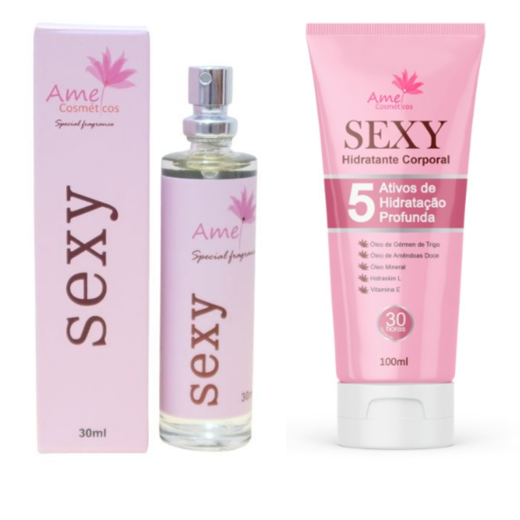 Kit Perfume 30ml e Hidratante 100ml Feminino Sexy Amei Cosméticos Alta Fixação 33% de Essência Importada