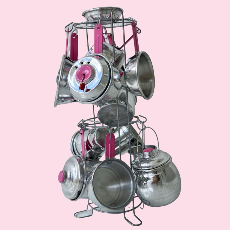 Conjunto Mini Panelinhas com Paneleiro 16 Pçs Cozinha Completa em Alumínio
