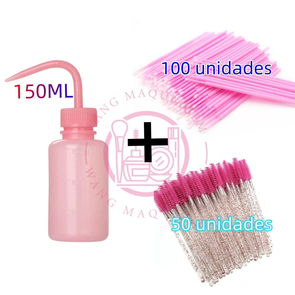Extensão De Cílios Garrafa 150ml + Kit 50 Escovinhas + Kit 100 Escovinhas Limpeza para Cílios