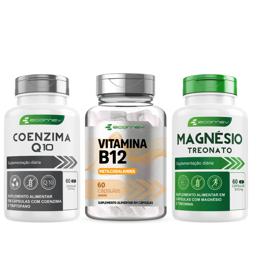 Kit B12 ( Metil ) + Magnésio Treonato + Coenzima Q10 Ubiquinol 500Mg 180Cáps em Oferta na Shopee