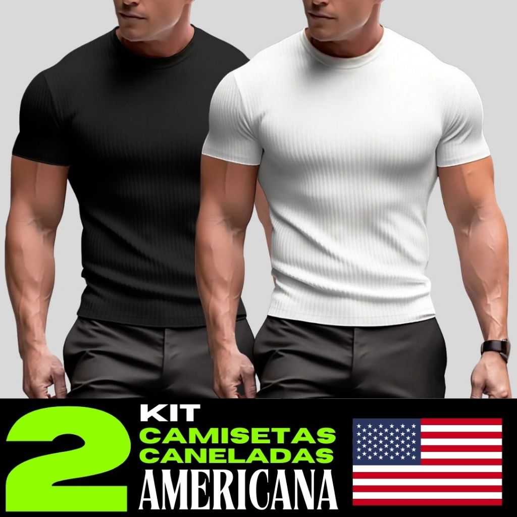 Camiseta Canelada Kit 2 Masculina Americana Blusa Slim Justa Ao Corpo