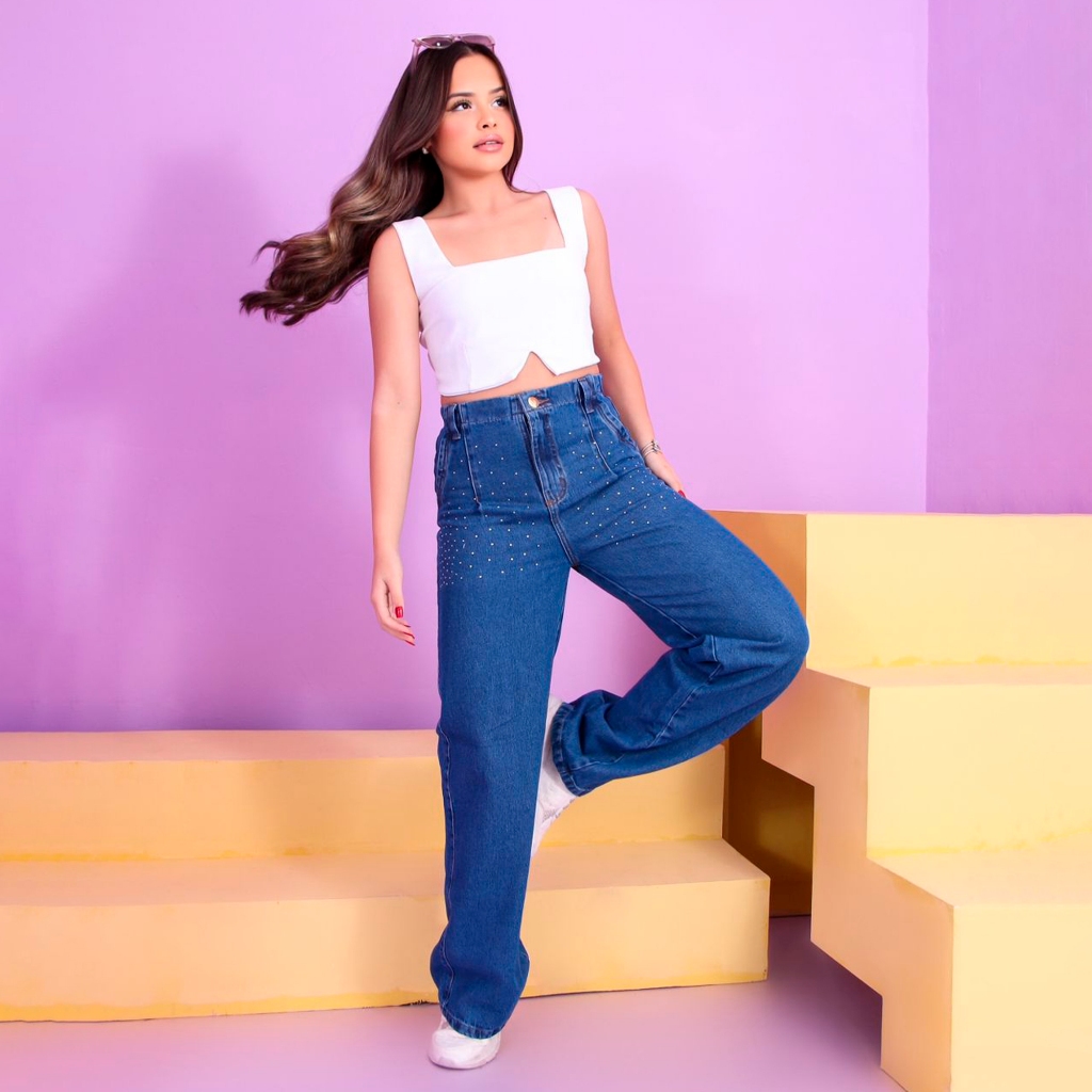 Calça Wide Leg Brilho Lisa Jeans Feminina Juvenil Promoção