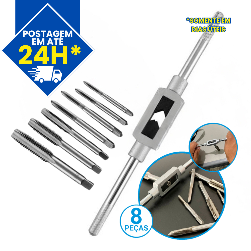 Jogo Kit Macho p/ Abrir Rosca com Vira Macho Cossinete Abre Roscas Internas Manual 8 Peças M3 a M12 Lugatools
