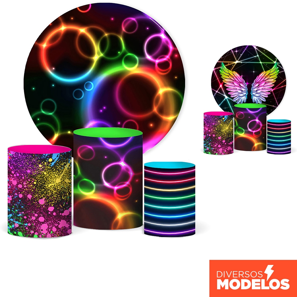 Trio Capa De Cilindro + Painel Redondo Neon Em Tecido Veste Fácil