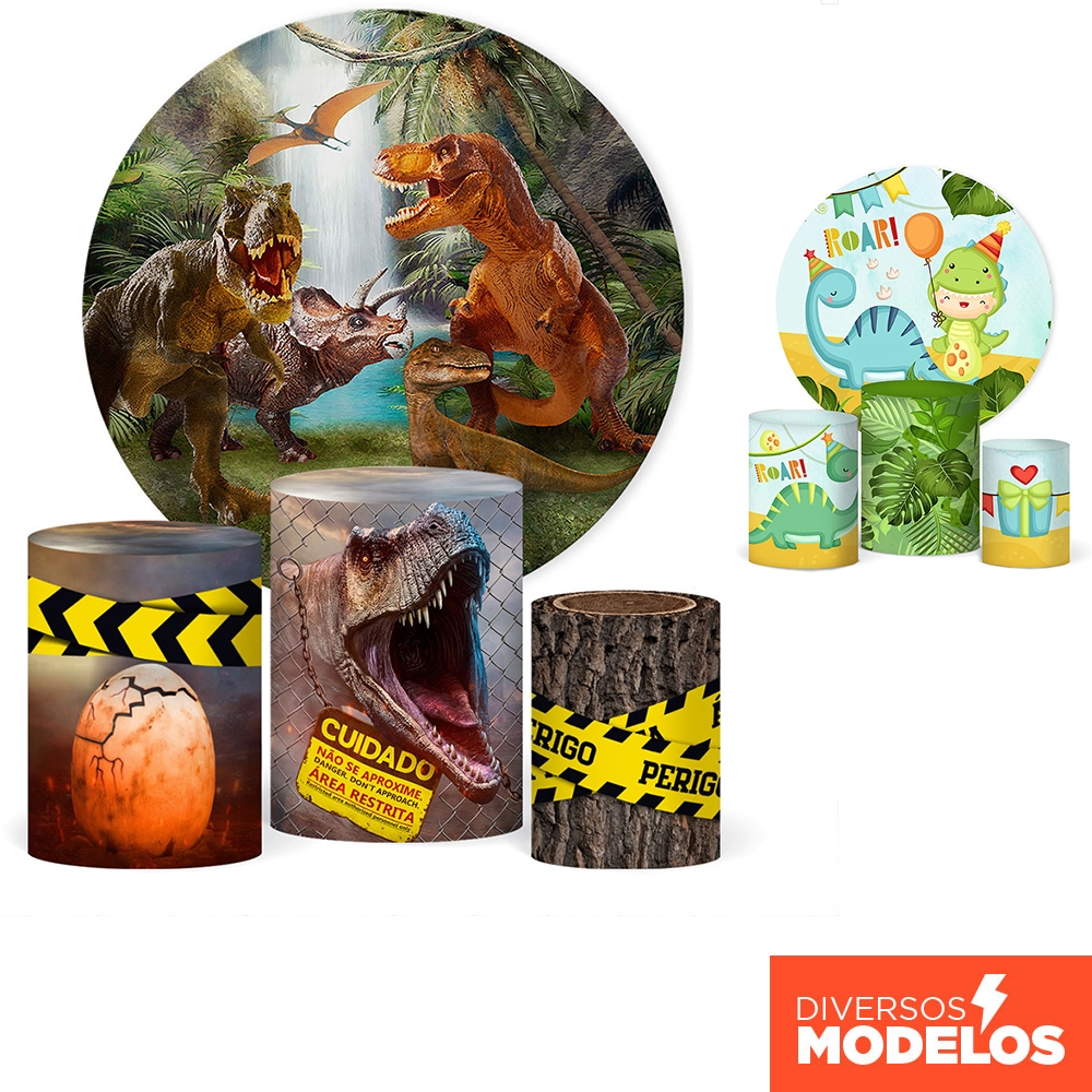 Trio Capa De Cilindro E Painel Redondo Festa Dinossauro Em Tecido Sublimado Decorativo Veste Fácil em Oferta na Shopee