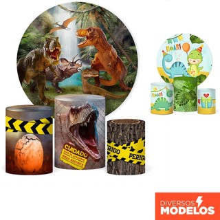 Trio Capa De Cilindro E Painel Redondo Festa Dinossauro Em Tecido Sublimado Decorativo Veste Fácil