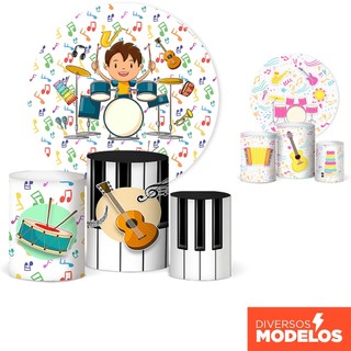 Capa de Cilindro e Painel Música Decoração de Festa Sublimado Em Tecido Veste Fácil