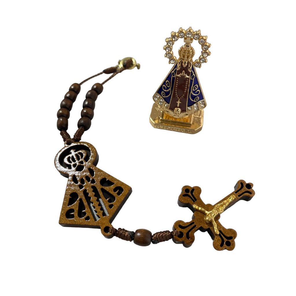 Kit dezena Católica de Nossa Senhora Aparecida + imagem de Nossa Senhora Aparecida para painel de carro